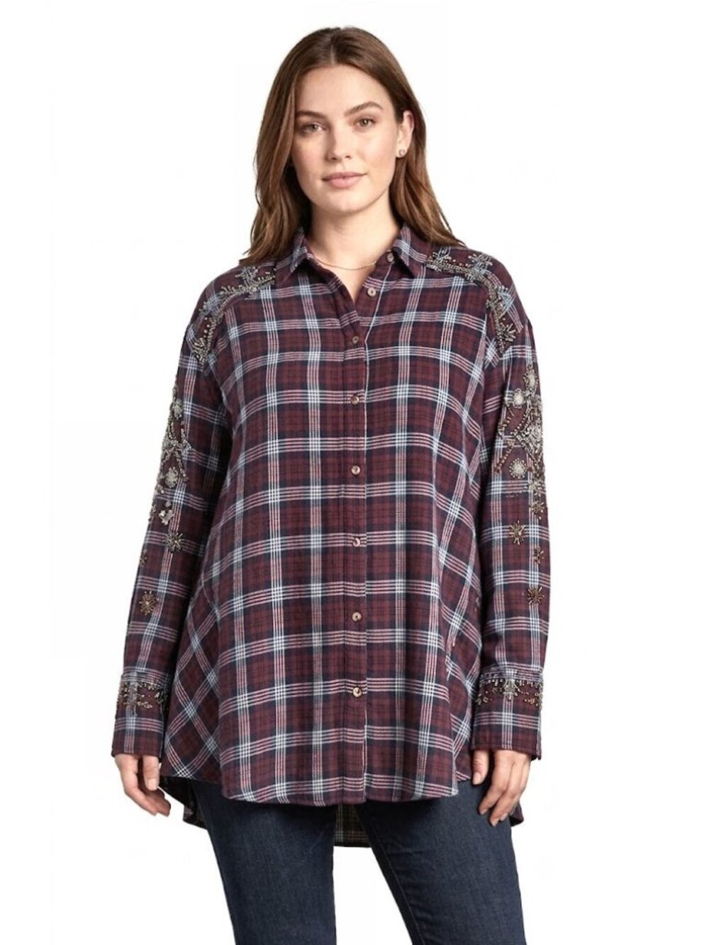 Free People Romance Embellished Beaded Sequin Burgundy Plaid Shirt Womens Size S